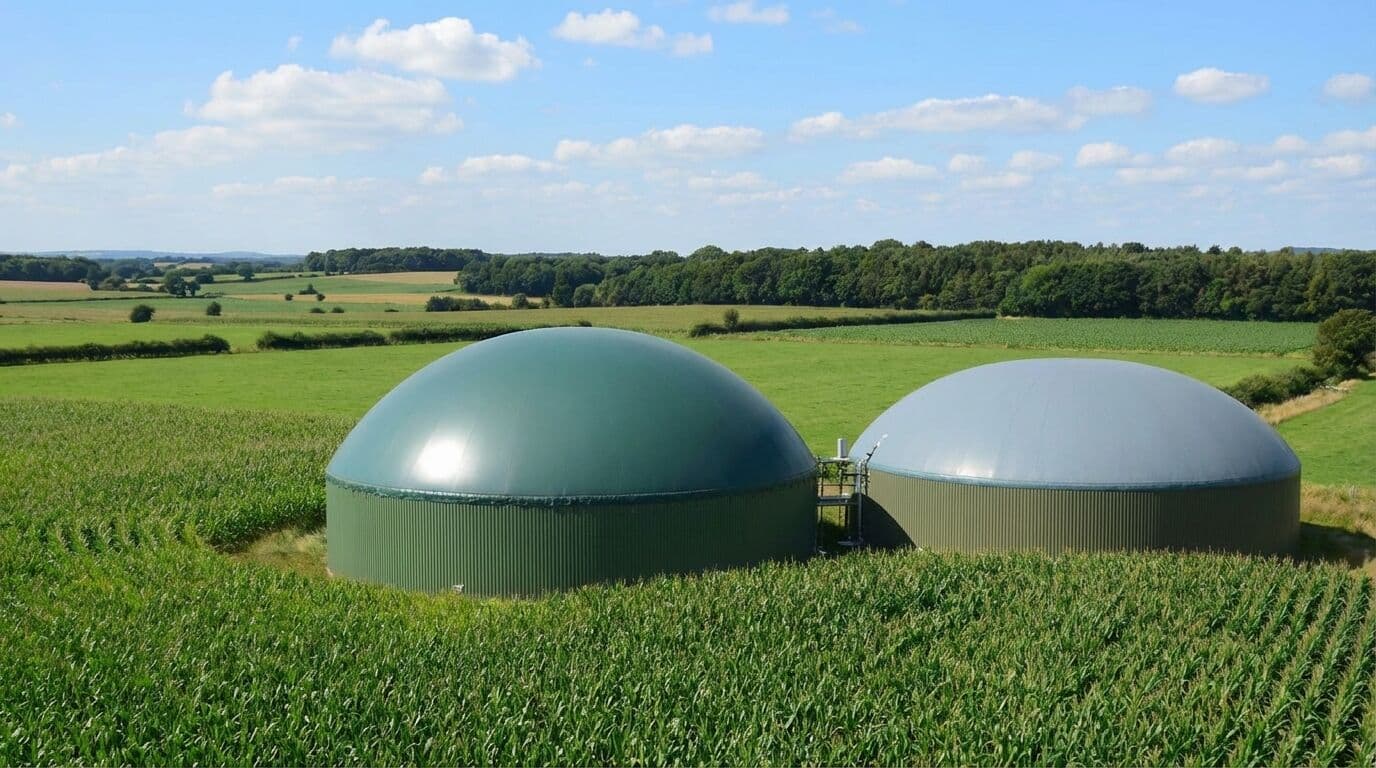 Planta de biometano con digestores en un entorno agrícola